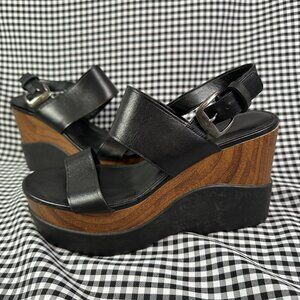 Michael Kors Rhett Leather Wedge Sandal Wood Chunky Black Leather Women's 9.5